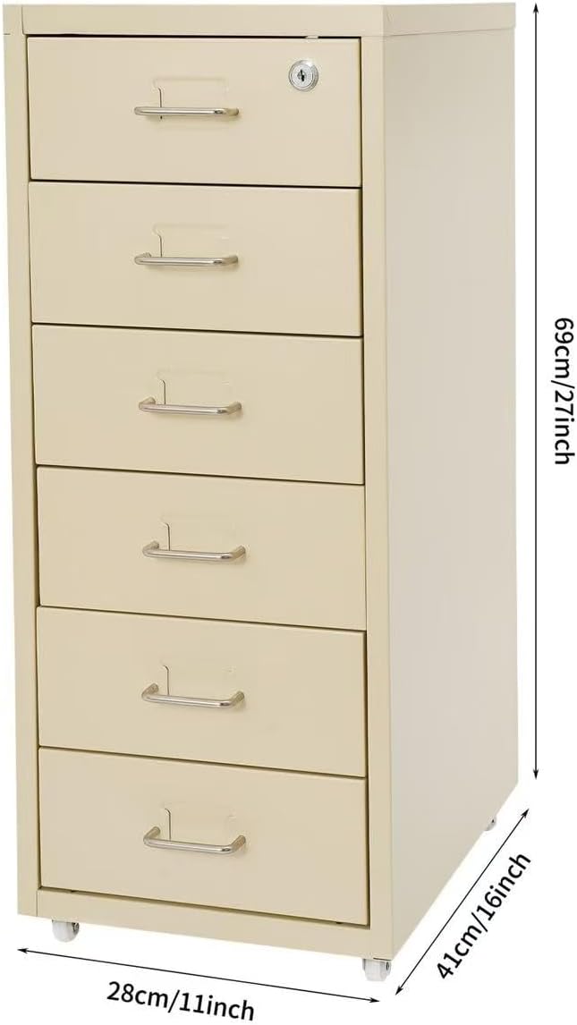 Vertical File Cabinet, 6 Drawers Rolling File Organizer Cabinets with Lock, Heavy Duty Metal Storage Cabinet, Movable Under Desk Filing Cabinet for Office, Study, Dresser (Beige)