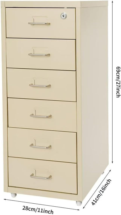 Vertical File Cabinet, 6 Drawers Rolling File Organizer Cabinets with Lock, Heavy Duty Metal Storage Cabinet, Movable Under Desk Filing Cabinet for Office, Study, Dresser (Beige)