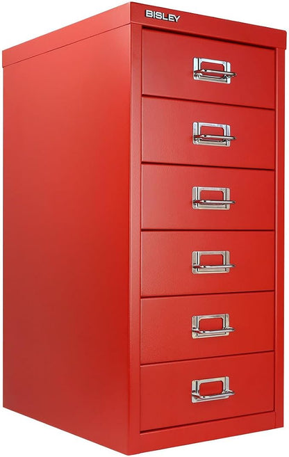 Bisley 6-Drawer Steel MultiDrawer Cabinet - Cardinal Red | Chrome Pull Handles with Label Holders, Powder-Coated Steel, Removable Drawers, Fits Under Most Desks, Labels Included