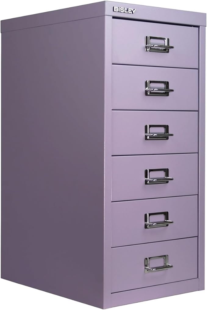 Bisley 6-Drawer Steel MultiDrawer Cabinet - Lilac | Chrome Pull Handles with Label Holders, Powder-Coated Steel, Removable Drawers, Fits Under Most Desks, Labels Included