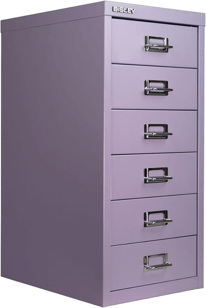 Bisley 6-Drawer Steel MultiDrawer Cabinet - Lilac | Chrome Pull Handles with Label Holders, Powder-Coated Steel, Removable Drawers, Fits Under Most Desks, Labels Included