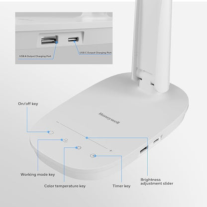 Honeywell HWT-H2 LED Desk Lamp for Home Office, CRI94 Full Spectrum Eye-Caring Light, Dimmable Table Lamp with USB-A & USB-C Charging Ports, Foldable Touch Control Reading Lamp, White