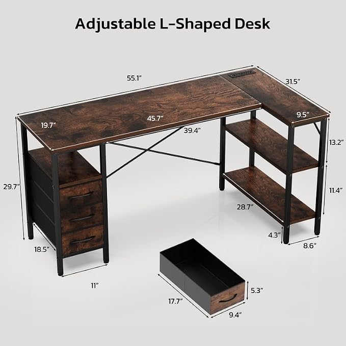 Simple Deluxe L Shaped Gaming Desk with Power Outlets, 55 Inch Computer Desk with 3 Drawers, Shelves, Corner Computer Desk for Gaming, Corner Work, Home Office, Study, Rustic Brown