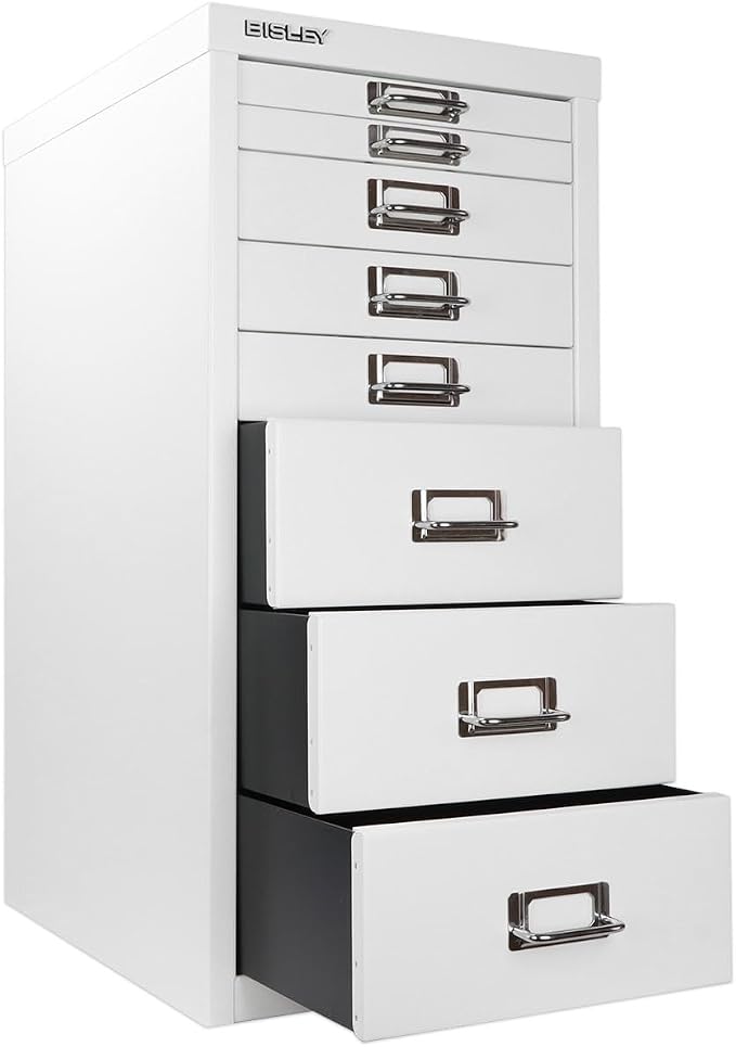 Bisley 8-Drawer Steel MultiDrawer Cabinet - Traffic White | Chrome Pull Handles with Label Holders, Powder-Coated Steel, Removable Drawers, Fits Under Most Desks, Labels Included