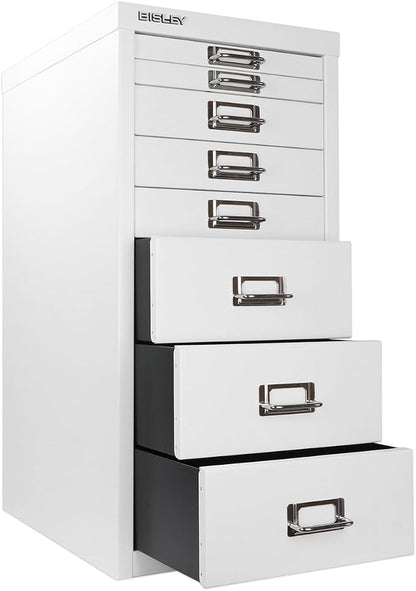 Bisley 8-Drawer Steel MultiDrawer Cabinet - Traffic White | Chrome Pull Handles with Label Holders, Powder-Coated Steel, Removable Drawers, Fits Under Most Desks, Labels Included