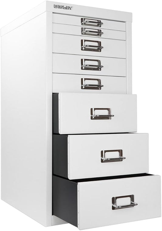 Bisley 8-Drawer Steel MultiDrawer Cabinet - Traffic White | Chrome Pull Handles with Label Holders, Powder-Coated Steel, Removable Drawers, Fits Under Most Desks, Labels Included