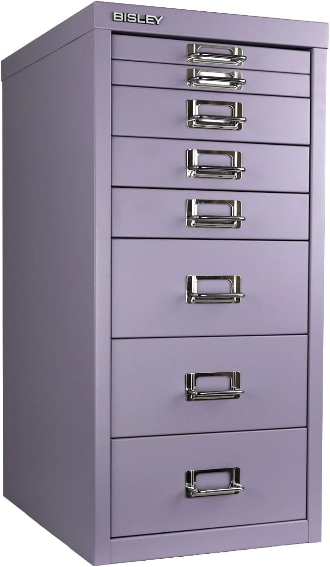 Bisley 8-Drawer Steel MultiDrawer Cabinet - Lilac | Chrome Pull Handles with Label Holders, Powder-Coated Steel, Removable Drawers, Fits Under Most Desks, Labels Included