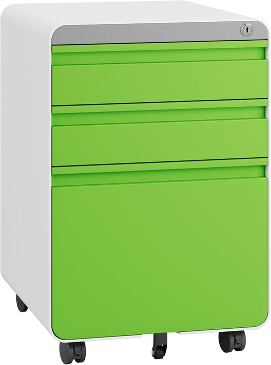 Dripex 3 Drawer Green File Cabinet, Mobile Under Desk Storage File Cabinet with Lock on Wheels, Letter/Legal Size, Fully Assembled, Small Short Vertical Metal Rolling Filing Cabinets for Home Office