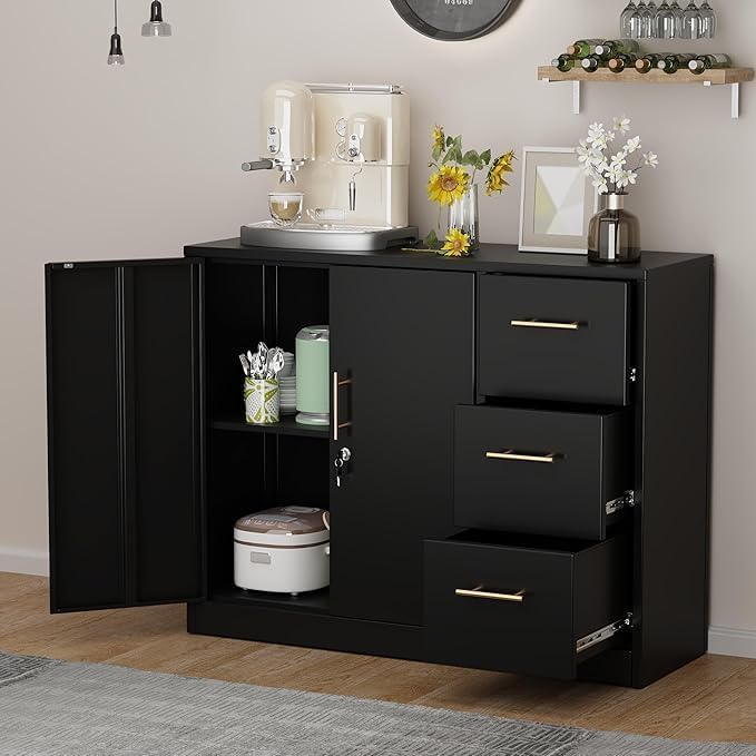 GAIOUS Lateral File Cabinet with 3 Drawers, Metal Storage Cabinet with Lock, Black Sideboard Buffet, Multi-Functional Accent Cabinets for Home Office Living Room Entryway