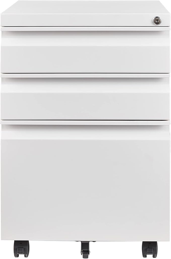 3 Drawer File Cabinet with Lock, Steel Mobile Filing Cabinet on Anti-tilt Wheels, Rolling Locking Office Cabinets Under Desk for Legal/Letter Size (White)