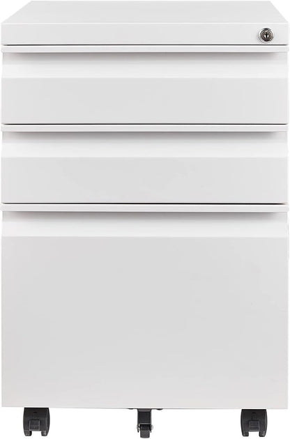 3 Drawer File Cabinet with Lock, Steel Mobile Filing Cabinet on Anti-tilt Wheels, Rolling Locking Office Cabinets Under Desk for Legal/Letter Size (White)