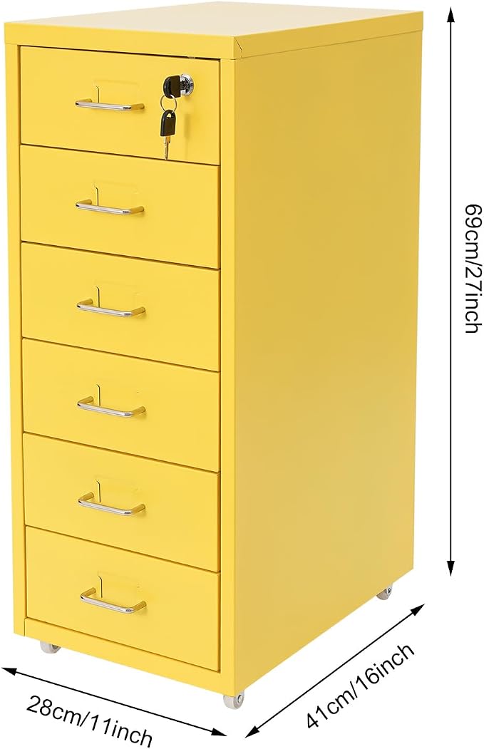 Vertical File Cabinet, 6 Drawers Rolling File Organizer Cabinets with Lock, Heavy Duty Metal Storage Cabinet, Movable Under Desk Filing Cabinet for Office, Study, Dresser (Yellow)