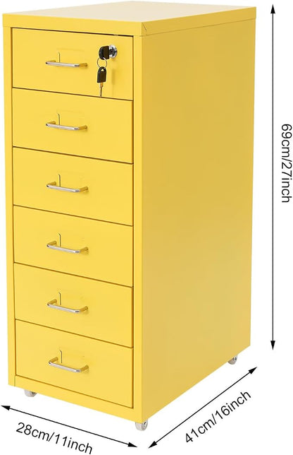 Vertical File Cabinet, 6 Drawers Rolling File Organizer Cabinets with Lock, Heavy Duty Metal Storage Cabinet, Movable Under Desk Filing Cabinet for Office, Study, Dresser (Yellow)