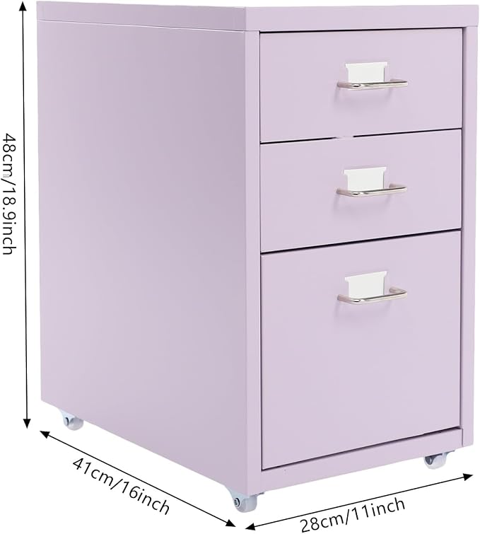 3-Drawer Mobile File Cabinet, Metal Filing Storage Cabinet with Wheels Small Nightstand Under Desk Organizer for Home Office (Purple)