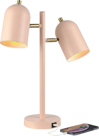 Globe Electric 30290 19" 2-Light Desk Lamp, Matte Pink, Brass Accents, 2.1A USB Port, On/Off Rotary Switch on Each Shade, Reading Light, Dorm Room Essentials, Lamps for Living-Room, Office Décor