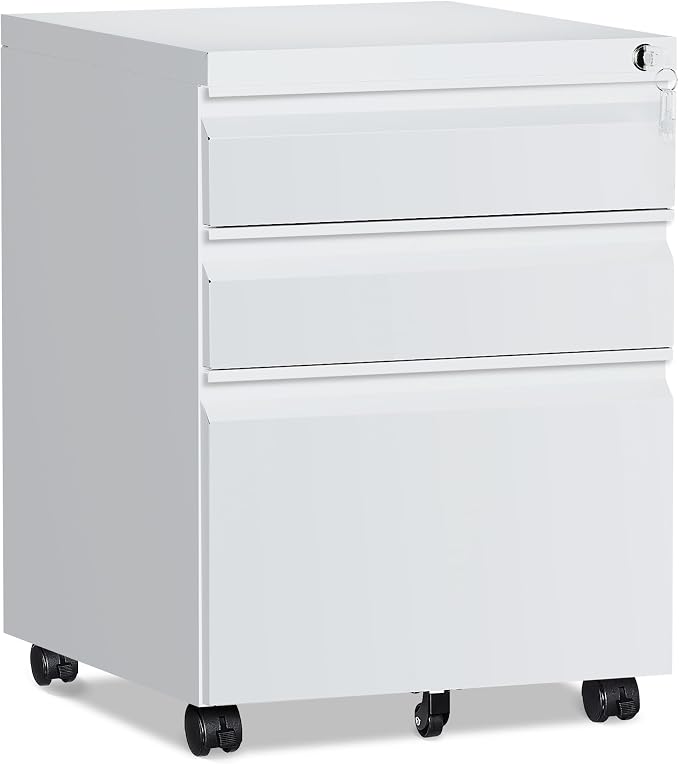 RAVIGIN 3 Drawer File Cabinet，Mobile Filing Cabinet with Lock and Wheels，Un-Assembled Metal Under Desk File Cabinets for A4/Letter/Legal Size（White