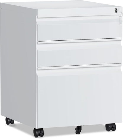 RAVIGIN 3 Drawer File Cabinet，Mobile Filing Cabinet with Lock and Wheels，Fully Assembled Metal Under Desk File Cabinets for A4/Letter/Legal Size（White