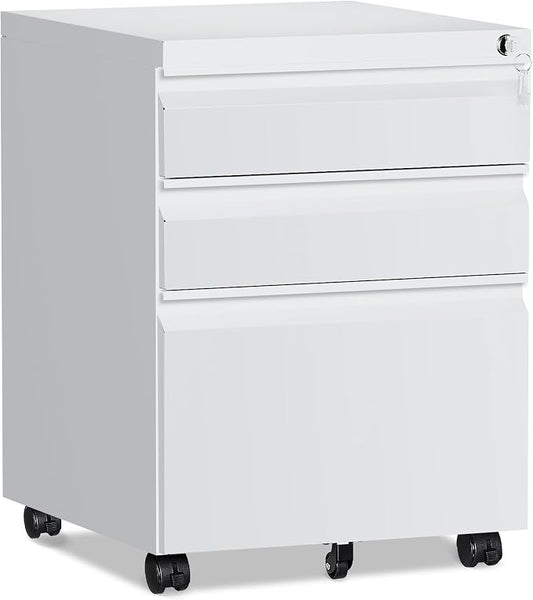 RAVIGIN 3 Drawer File Cabinet，Mobile Filing Cabinet with Lock and Wheels，Fully Assembled Metal Under Desk File Cabinets for A4/Letter/Legal Size（White