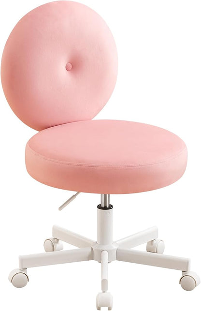 Furniliving Round Velvet Vanity Chair with Wheels, 360° Swivel Armless Desk Chair, Adjustable Height Rolling Makeup Chair for Bedroom Study Room, Pink