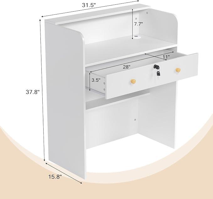 OmySalon Reception Desk with Counter, Small Front Desk w/Lockable Drawer, Wooden Modern Reception Table for Salon Lobby Office Home (White, 32)