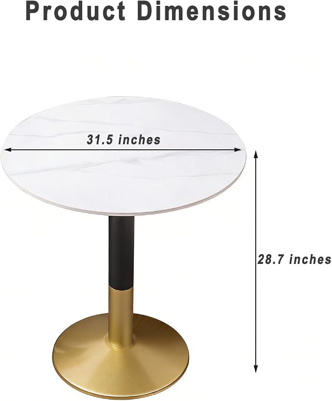 31.5" Round Dining Table, White Sintered Stone Top Kitchen Table with Sturdy Metal Base and Reinforced Support Post, Space-Saving for Home, Apartment, Bistro & Coffee Shop