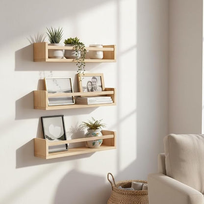 AZSKY 24 Inch Natural Pine Wood Floating Shelves, Nursery Book Shelves for Kids, Wall Mounted Bookshelves for Playroom Decor Set of 3, Bookshelf with Anti-tip Bar for Bedroom Living Room(Paintable)