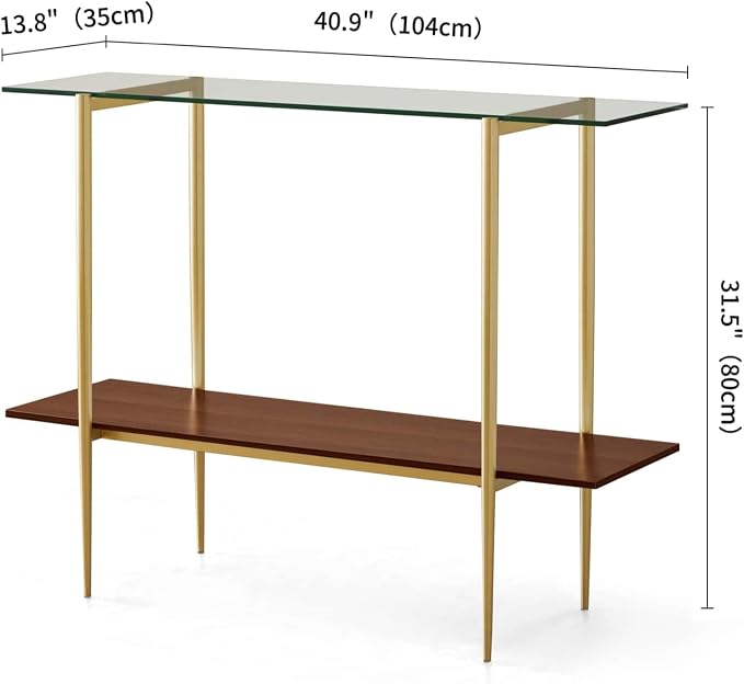 LumFurn Glass Console Table for Living Room, Foyer & Entrance, 2-Tiers Mid-Century Modern Sofa Table with Clear Glass Top, Walnut Finish Wood Top and Gold Finish Metal Frame