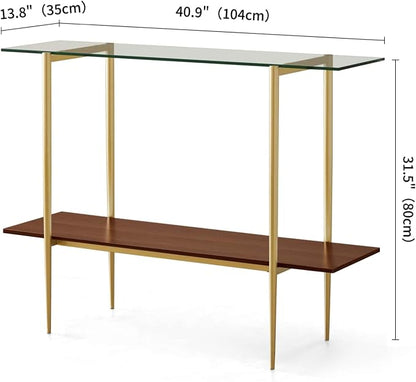 LumFurn Glass Console Table for Living Room, Foyer & Entrance, 2-Tiers Mid-Century Modern Sofa Table with Clear Glass Top, Walnut Finish Wood Top and Gold Finish Metal Frame
