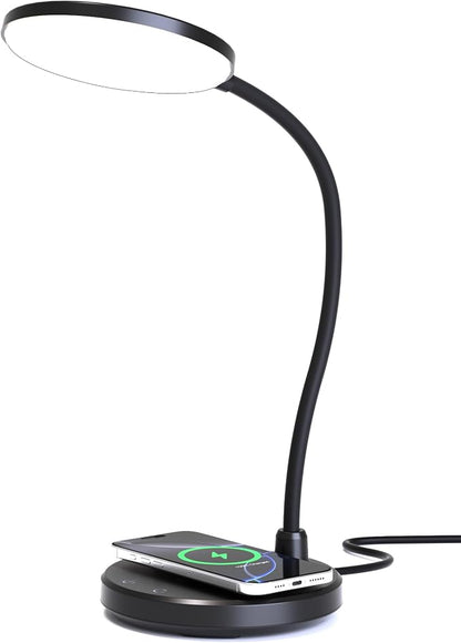 Desk Lamp for Home Office, Small Desk Lamp with Wireless Charger, Dimmable 3 Color Modes Study Lamp, Adjustable Neck 800LM Eye-Caring Desk Light, Bedside, College Dorm, Adapter Included