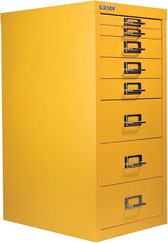 Bisley 8-Drawer Steel MultiDrawer Cabinet - Golden Sunflower Yellow | Chrome Pull Handles with Label Holders, Powder-Coated Steel, Removable Drawers, Fits Under Most Desks, Labels Included
