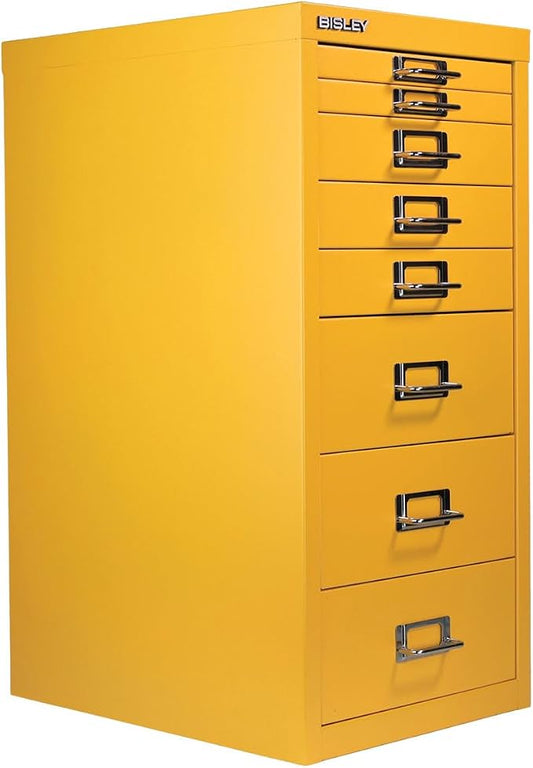 Bisley 8-Drawer Steel MultiDrawer Cabinet - Golden Sunflower Yellow | Chrome Pull Handles with Label Holders, Powder-Coated Steel, Removable Drawers, Fits Under Most Desks, Labels Included
