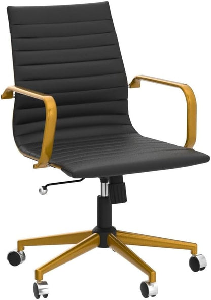 Black and Gold Office Chair with Arms, Faux Leather Ribbed Back, Adjustable Swivel Executive Chair for Home Office and Meeting Room