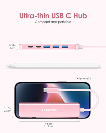 LENTION 6-in-1 USB C Hub, 4K@60Hz HDMI, 100W PD, 3 USB 3.0, USB-C Data | Ideal for Work & Study, Stable Driver 3.0 Certified, Compatible with macOS, iOS/iPadOS, Windows & ChromeOS (CE35p, Rose Gold)