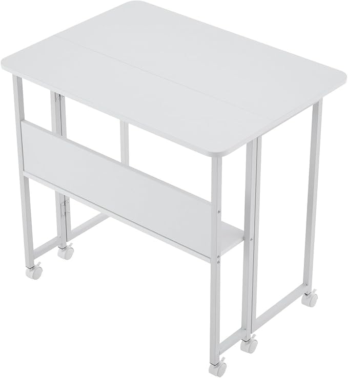 Folding Computer Desk with Wheels, 31.5" Space Saving Writing Table for Small Spaces, Portable Home Office Workstation, Foldable Laptop Desk with Storage Shelf