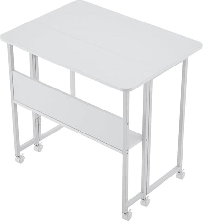 Folding Computer Desk with Wheels, 31.5" Space Saving Writing Table for Small Spaces, Portable Home Office Workstation, Foldable Laptop Desk with Storage Shelf