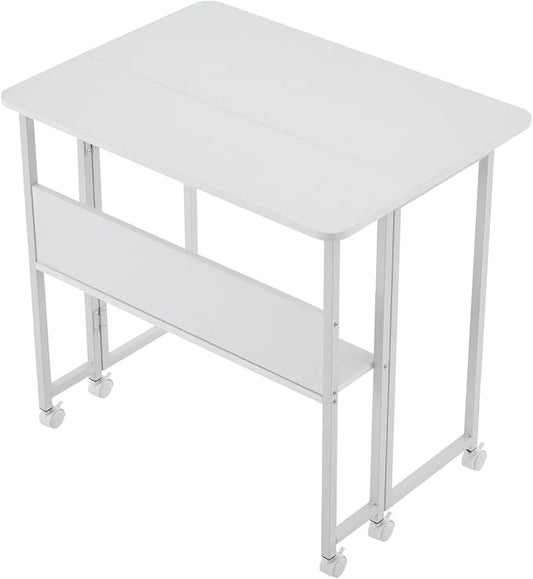 Folding Computer Desk with Wheels, 31.5" Space Saving Writing Table for Small Spaces, Portable Home Office Workstation, Foldable Laptop Desk with Storage Shelf