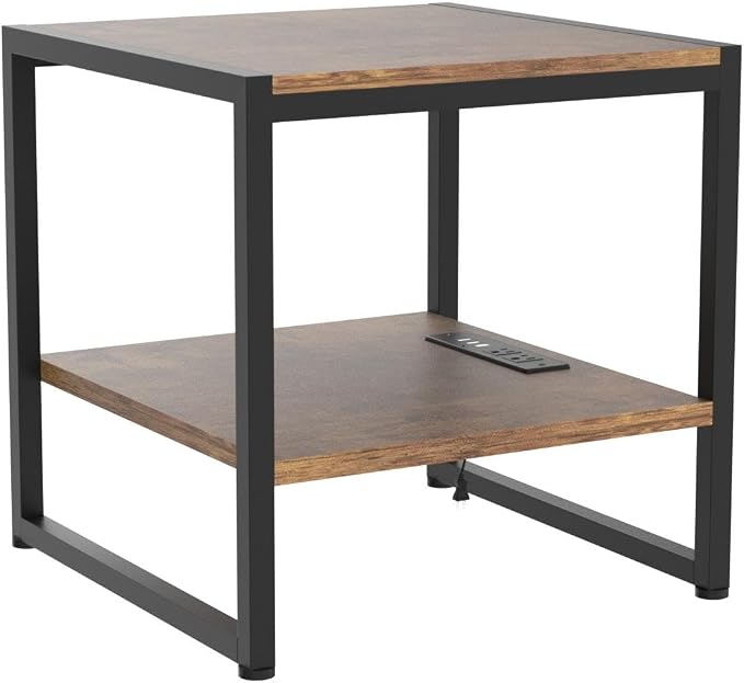 Homieasy End Table with Charging Station, 20" Mini Fridge Stand with Power Outlets, Heavy Duty Side Table for Living Room, Small Table Stand & Fridge Table, Rustic Brown, 2 Pack