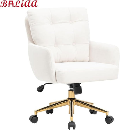 Flannel Office Chair, Comfy Home Office Desk Chairs with Lumbar Support, Modern Velvet Desk Chair Gold Legs Small Swivel Task Chair for Home Office, Bedroom, Study (Beige, L)