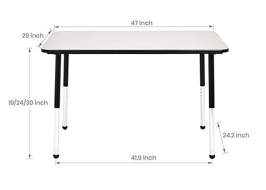 Amazon Basics Adjustable Height Rectangular Classroom Activity Table, Writing Desk for School and Home, Grey Top/Black Edge, 47" W x 29" L x 30" H