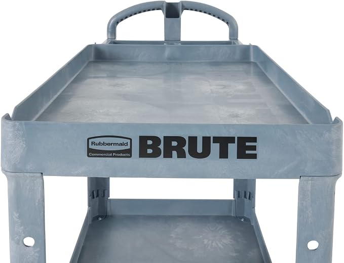 Rubbermaid Commercial Products BRUTE Heavy Duty 2-Shelf Utility/Service Cart, Large, Lipped Shelves, Ergonomic Handle, 750 lbs. Capacity, Black, for Warehouse/Garage/Cleaning/Maintenance/Stadiums