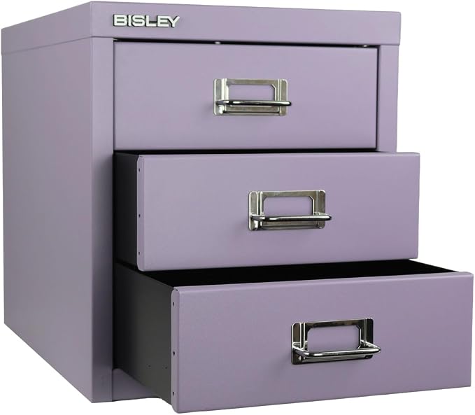 Bisley 3-Drawer Steel MultiDrawer Cabinet - Lilac | Chrome Pull Handles with Label Holders, Powder-Coated Steel, Removable Drawers, Desktop Storage, Labels Included
