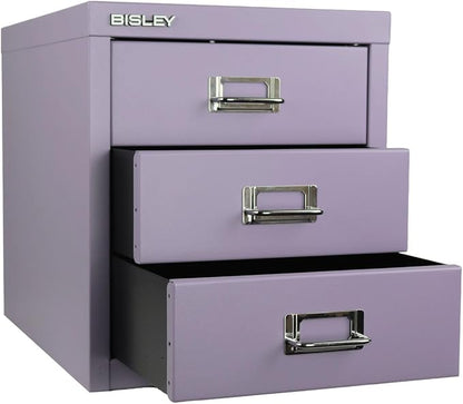 Bisley 3-Drawer Steel MultiDrawer Cabinet - Lilac | Chrome Pull Handles with Label Holders, Powder-Coated Steel, Removable Drawers, Desktop Storage, Labels Included
