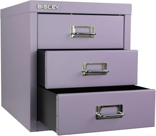 Bisley 3-Drawer Steel MultiDrawer Cabinet - Lilac | Chrome Pull Handles with Label Holders, Powder-Coated Steel, Removable Drawers, Desktop Storage, Labels Included