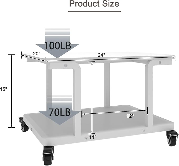Natwind 2 Tier Laser Printer Stand,24''x20''x15'' Large Printer Table Copier Stand Under Desk,Heavy Duty Rolling Cart with Paper Storage Shelf,Printer Holder on Wheels for Home Office (White)