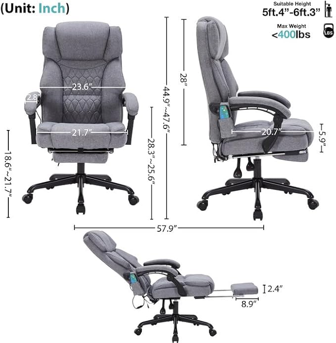 Massage Office Chair with Foot Rest 6 Points Vibration and Heat Home Office Desk Chairs for Heavy People 400lbs Reclining Managerial Chairs Ergonomic Executive Chair (Grey)