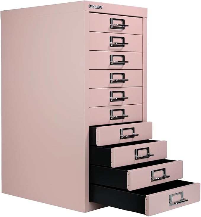 Bisley 10-Drawer Steel MultiDrawer Cabinet - Palest Pink | Chrome Pull Handles with Label Holders, Powder-Coated Steel, Removable Drawers, Fits Under Most Desks, Labels Included