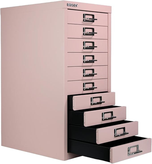 Bisley 10-Drawer Steel MultiDrawer Cabinet - Palest Pink | Chrome Pull Handles with Label Holders, Powder-Coated Steel, Removable Drawers, Fits Under Most Desks, Labels Included