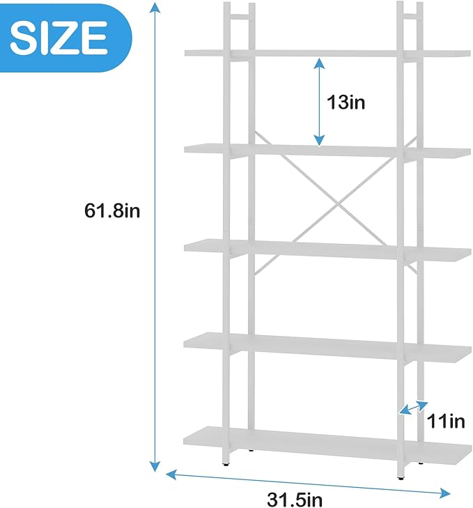 Bookshelf 5 Tiers White Wooden Storage Shelf,Modern Open Display Storage Bookcase Book Organizer,Metal Bookshelf Standing Storage Shelf Tall Shelving Units for Home Office Study