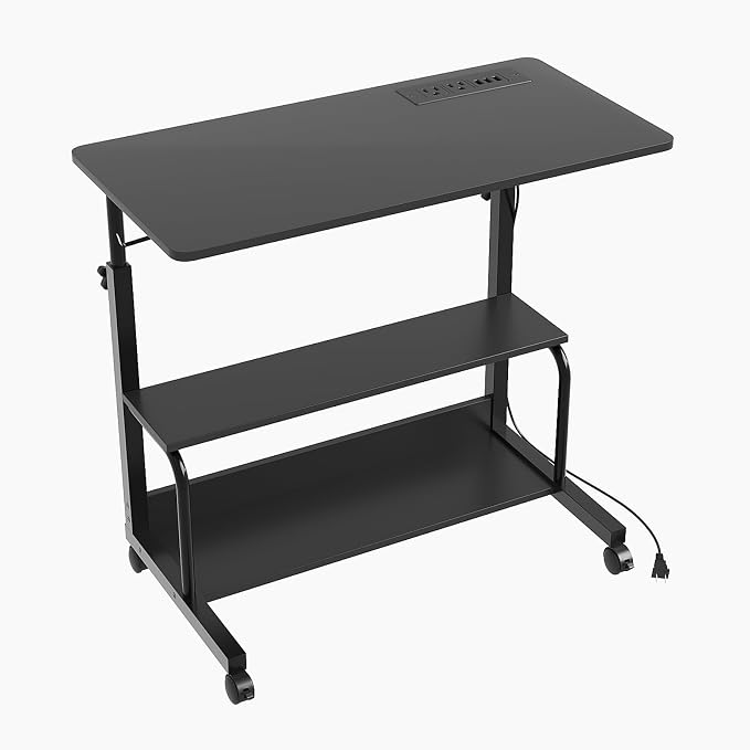VINGLI 31.5" Mobile Small Standing Desk, Adjustable Height Mobile Computer Desk, w/2 AC Outlets + 3 USB Ports & Hooks, Storage Shelves, Suitable for Gaming, Studying, Home Office, Black