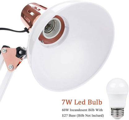 PowerKing Metal Swing Arm Desk Lamps, Adjustable and Flexible,Feading with Base and Clip 2-in-1 Function, Fit E26&E27 Bulbs Base, Application in Bedroom Living Room, Office Home (White+Rose Gold)